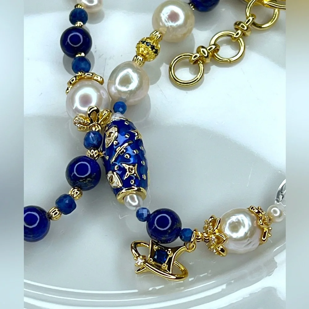 🤩🤩 Handmade Freshwater Edison Pearl Lapis Clear Quartz Necklace Bracelet SET - Picture 5 of 6